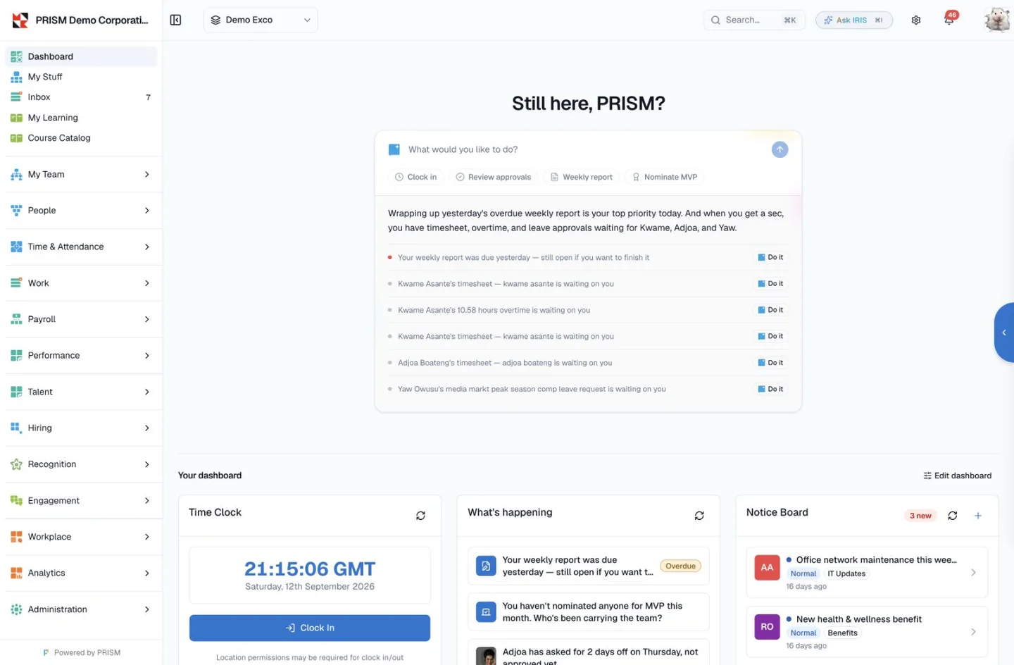 PRISM’s demo workspace for people, projects, leave and payroll.